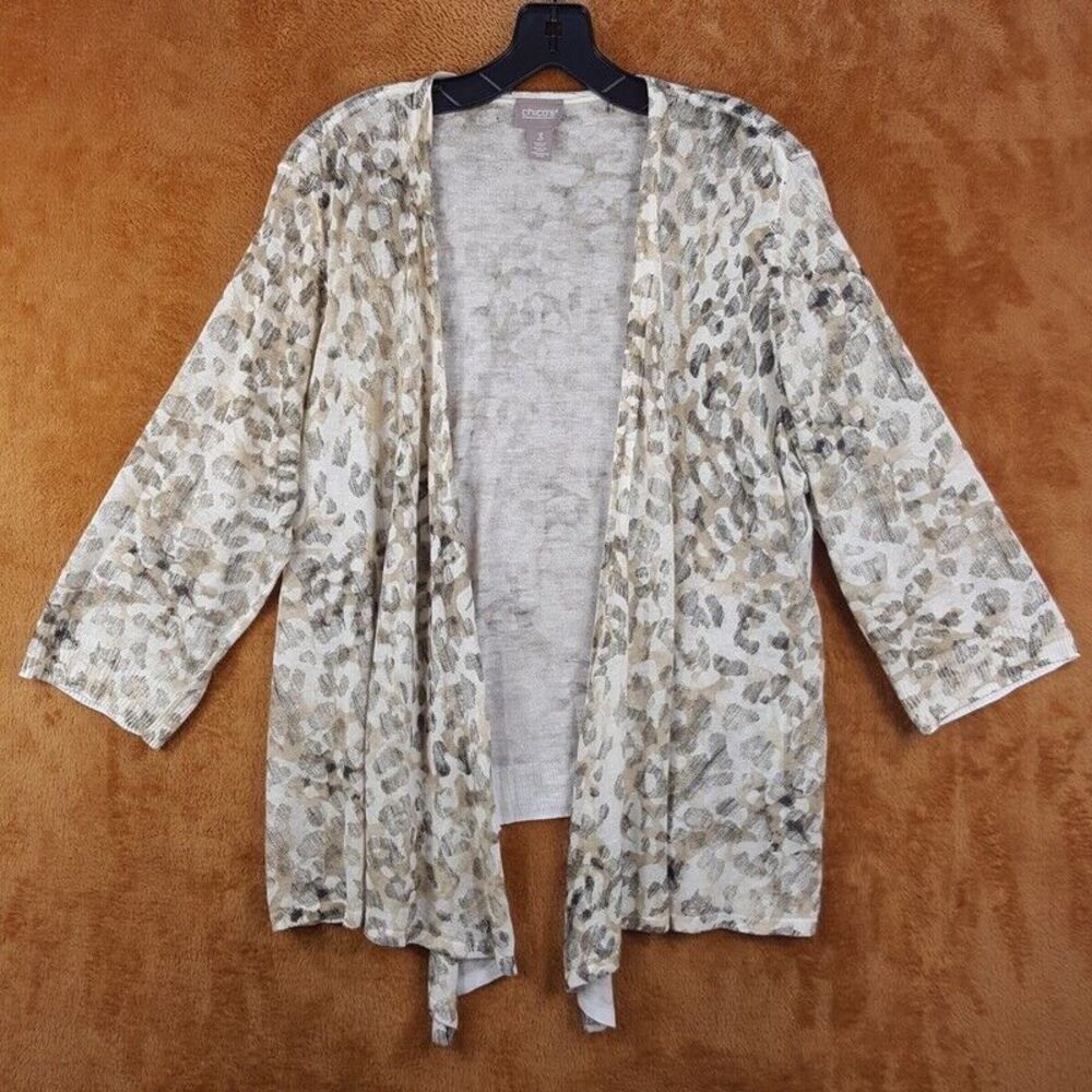 CHICOS Womens Top Size 3 Large Tan Spotted Open Knit Long Sleeve Lightweight